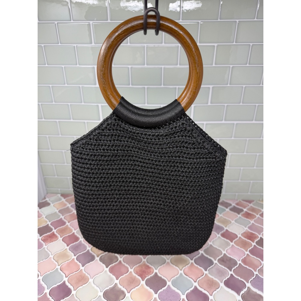 VTG Black Crochet Handbag with Round Wooden Handles - Picture 2 of 15